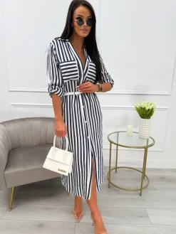 Granatowo-Biała Sukienka w Paski z Guzikami 13757-108-A|Modna Kiecka Fashion
