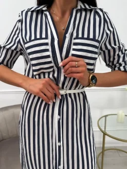 Granatowo-Biała Sukienka w Paski z Guzikami 13757-108-A|Modna Kiecka Fashion