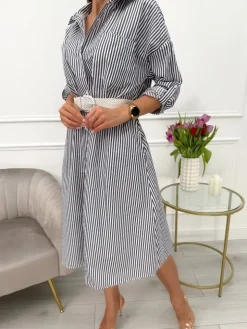 Granatowo-Biała Sukienka z Paskiem 13621-85-A|Modna Kiecka Clearance
