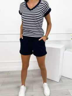 Granatowo-Biały Komplet w Paski 12348-49-B|Modna Kiecka Clearance
