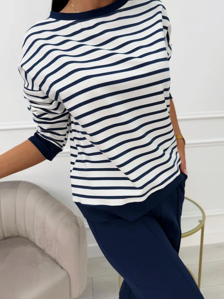 Granatowo-Biały Komplet w Paski 13618-145-C|Modna Kiecka Fashion