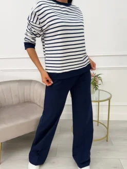 Granatowo-Biały Komplet w Paski 13618-145-C|Modna Kiecka Fashion