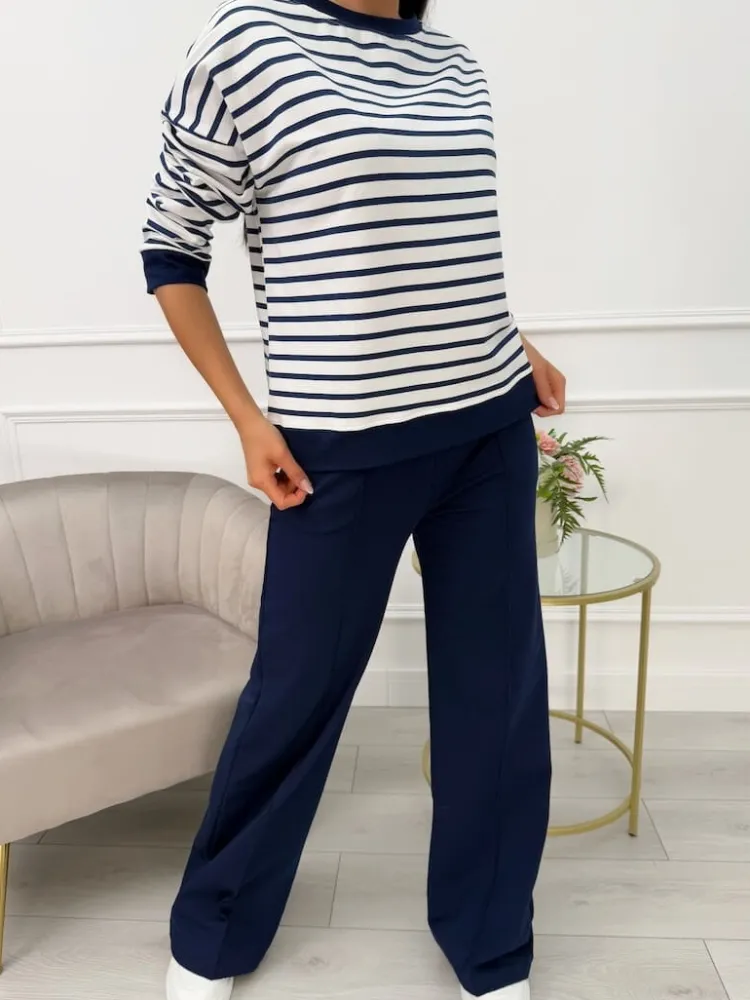 Granatowo-Biały Komplet w Paski 13618-145-C|Modna Kiecka Fashion