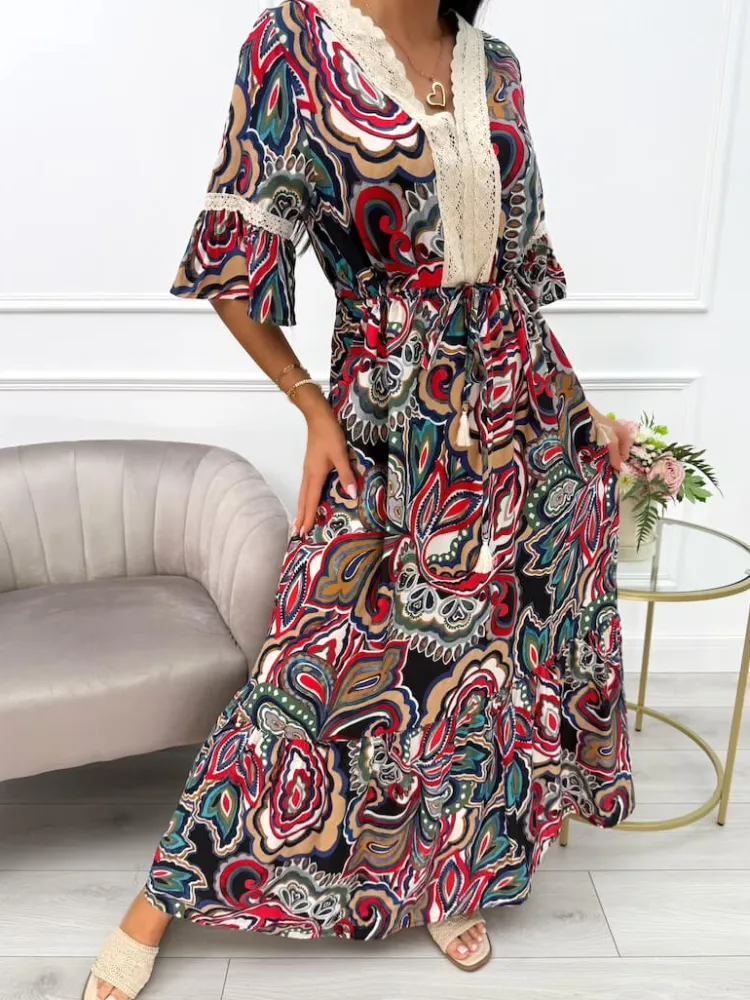 Granatowo-Czerwona Sukienka Maxi z Ozdobnym Dekoltem 14044-210-B|Modna Kiecka Outlet
