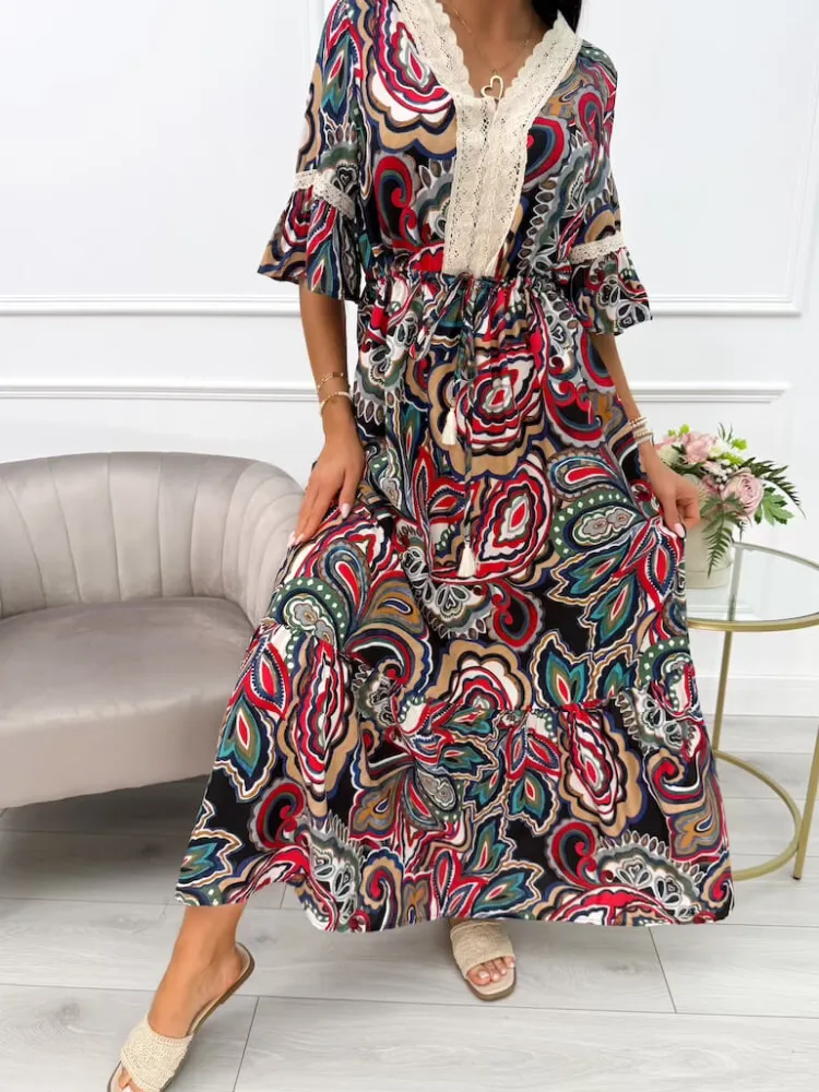 Granatowo-Czerwona Sukienka Maxi z Ozdobnym Dekoltem 14044-210-B|Modna Kiecka Outlet
