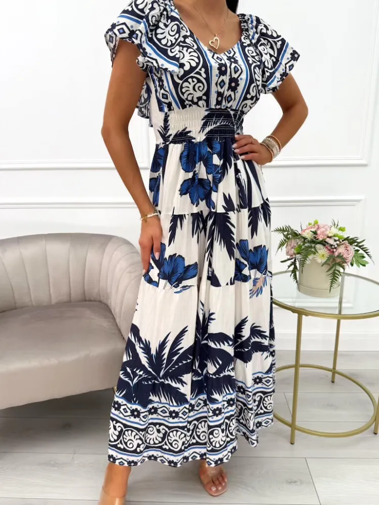 Granatowo-Kremowa Sukienka Maxi ze Wzorem 14011-136-C|Modna Kiecka Clearance