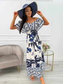 Granatowo-Kremowa Sukienka Maxi ze Wzorem 14011-136-C|Modna Kiecka Clearance