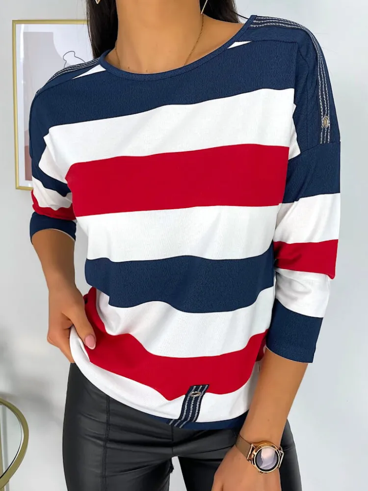 Granatowo-Kremowo-Czerwona Bluzka 11418-228-F|Modna Kiecka Fashion