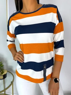Granatowo-Kremowo-Pomarańczowa Bluzka 11418-228-G|Modna Kiecka Outlet