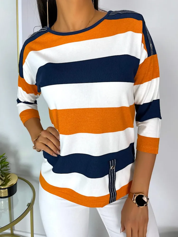 Granatowo-Kremowo-Pomarańczowa Bluzka 11418-228-G|Modna Kiecka Outlet