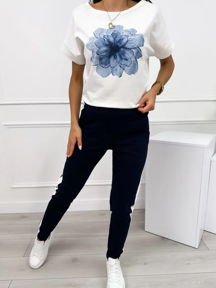 Granatowo-Kremowy Komplet ze Wzorem 12432-69-C|Modna Kiecka Fashion