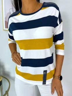 Granatowo-Musztardowo-Biała Bluzka 11418-228-K|Modna Kiecka Outlet