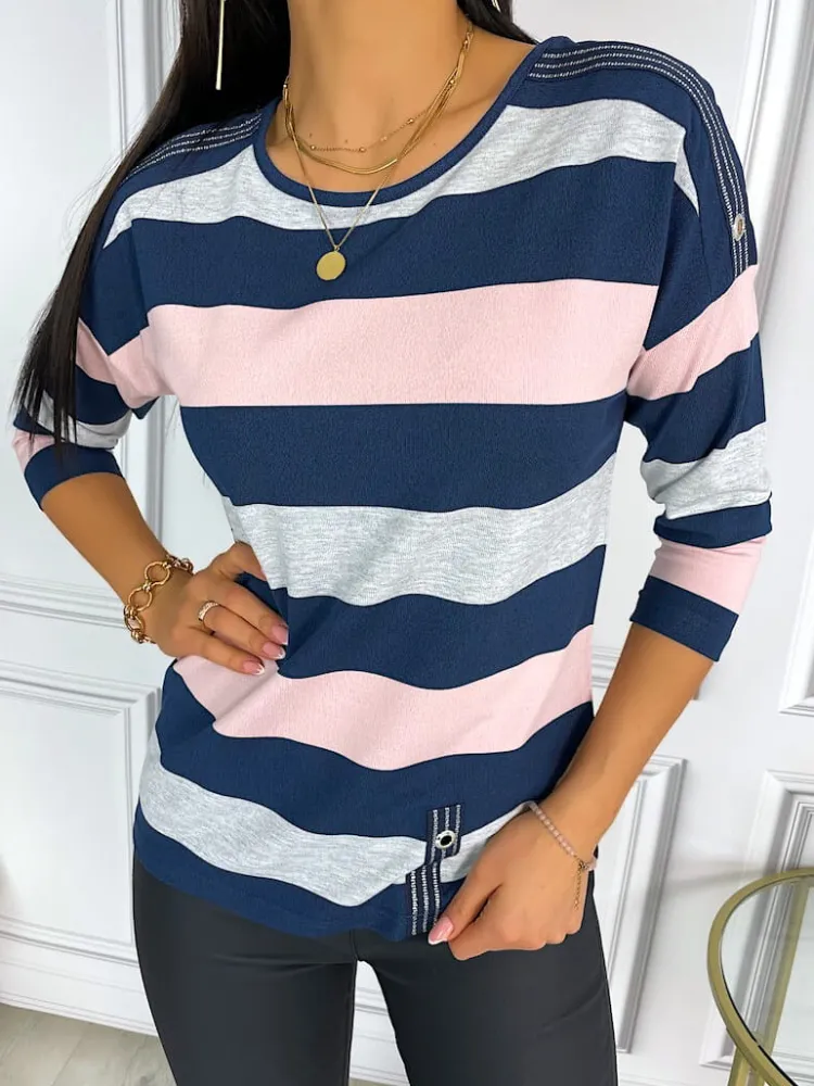 Granatowo-Pudrowo-Szara Bluzka 11418-228-A|Modna Kiecka Discount