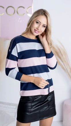 Granatowo-Pudrowo-Szara Bluzka 11418-228-A|Modna Kiecka Discount