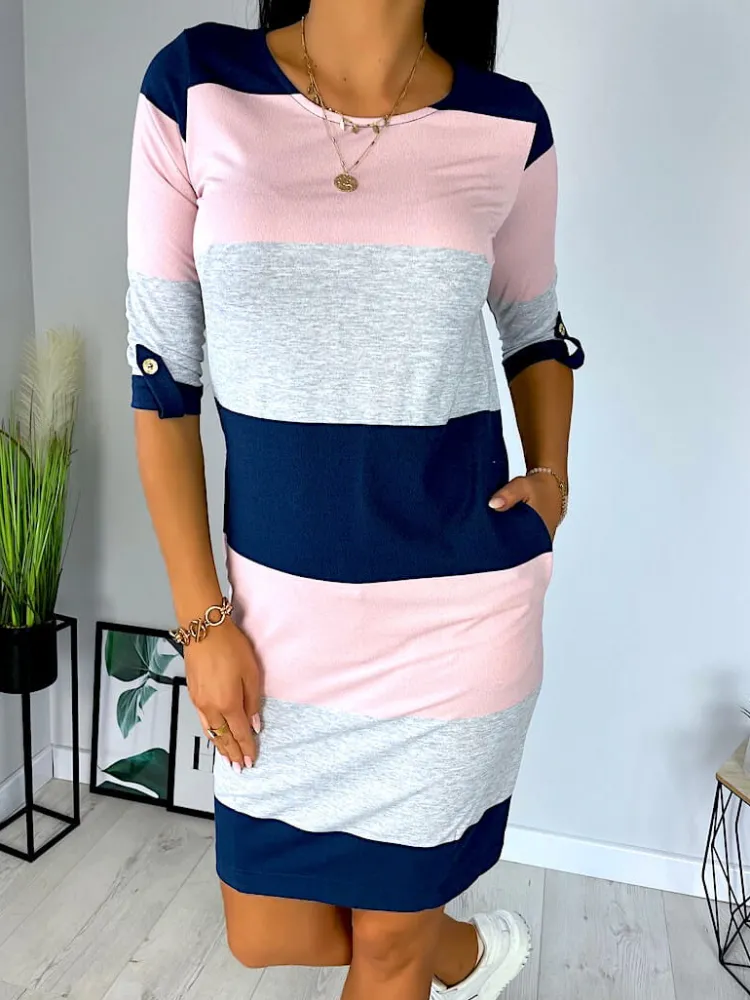 Granatowo-Pudrowo-Szara Sukienka 11708-247-D|Modna Kiecka Discount