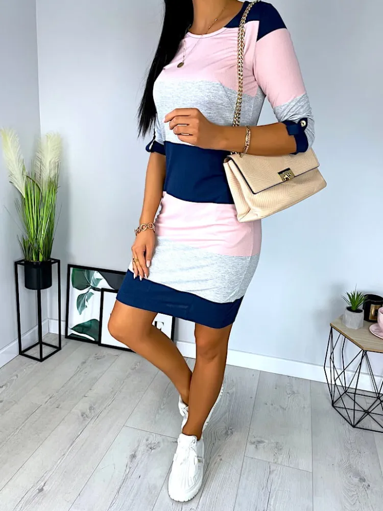 Granatowo-Pudrowo-Szara Sukienka 11708-247-D|Modna Kiecka Discount