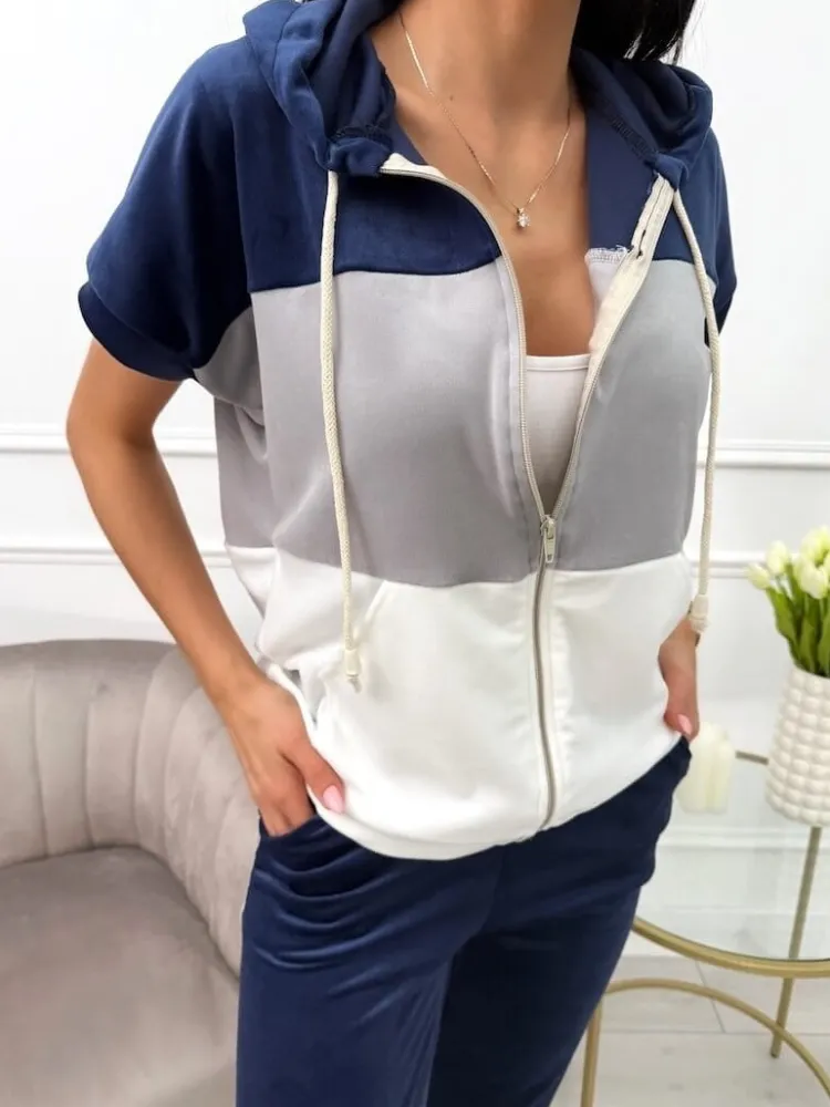 Granatowo-Szaro-Kremowy Welurowy Komplet 13696-289-B|Modna Kiecka Fashion