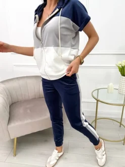 Granatowo-Szaro-Kremowy Welurowy Komplet 13696-289-B|Modna Kiecka Fashion