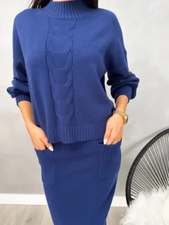 Granatowy Komplet Sweterek + Spódnica 13147-211-D|Modna Kiecka Outlet