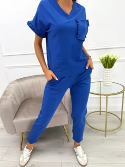 Granatowy Komplet z Ozdobną Kieszonką 9958-06-B|Modna Kiecka Fashion