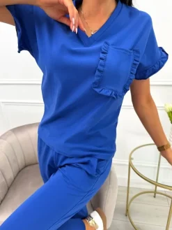 Granatowy Komplet z Ozdobną Kieszonką 9958-06-B|Modna Kiecka Fashion