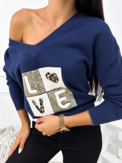 Granatowy Sweter z Aplikacją 12770-65-E|Modna Kiecka Sale