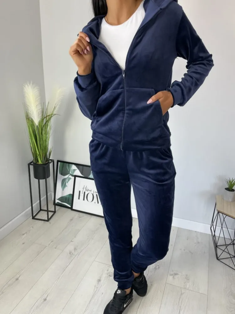 Granatowy Welurowy Komplet 11378-218-E|Modna Kiecka Sale