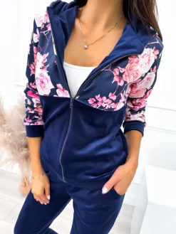 Granatowy Welurowy Komplet z Motywem Kwiatowym 10582-337 10582-337-Q|Modna Kiecka Discount
