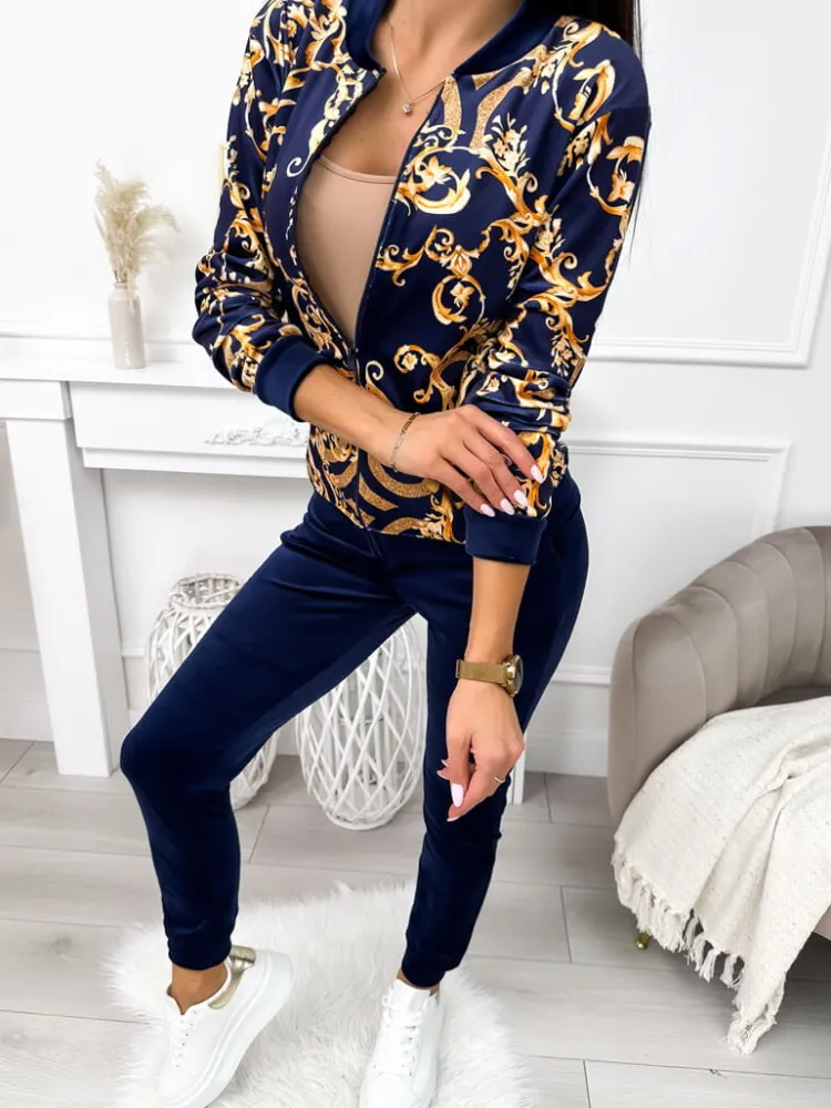 Granatowy Welurowy Komplet w Złoty Wzór 11612-146-Q|Modna Kiecka Discount