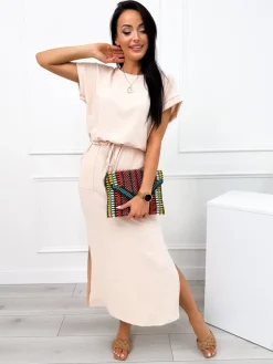 Jasnobeżowa Sukienka z Kieszonkami 10330-227-N|Modna Kiecka Hot