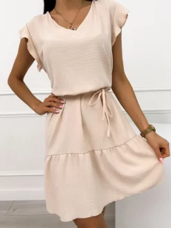 Jasnobeżowa Sukienka z Paseczkiem 10319-118-M|Modna Kiecka Fashion