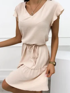 Jasnobeżowa Sukienka z Paseczkiem 10319-118-M|Modna Kiecka Fashion