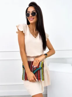 Jasnobeżowa Sukienka z Paseczkiem 10319-118-M|Modna Kiecka Fashion