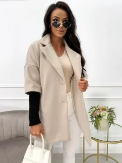 Jasnobeżowy Płaszcz ze Ściągaczem 12940-232-E|Modna Kiecka Discount