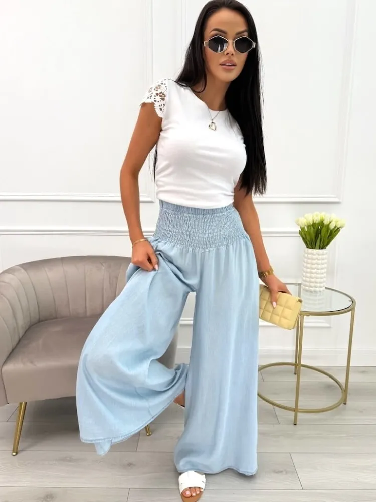 Jasnobłękitne Jeansowe Spodnie z Szeroką Nogawką 12588-69-D|Modna Kiecka Hot