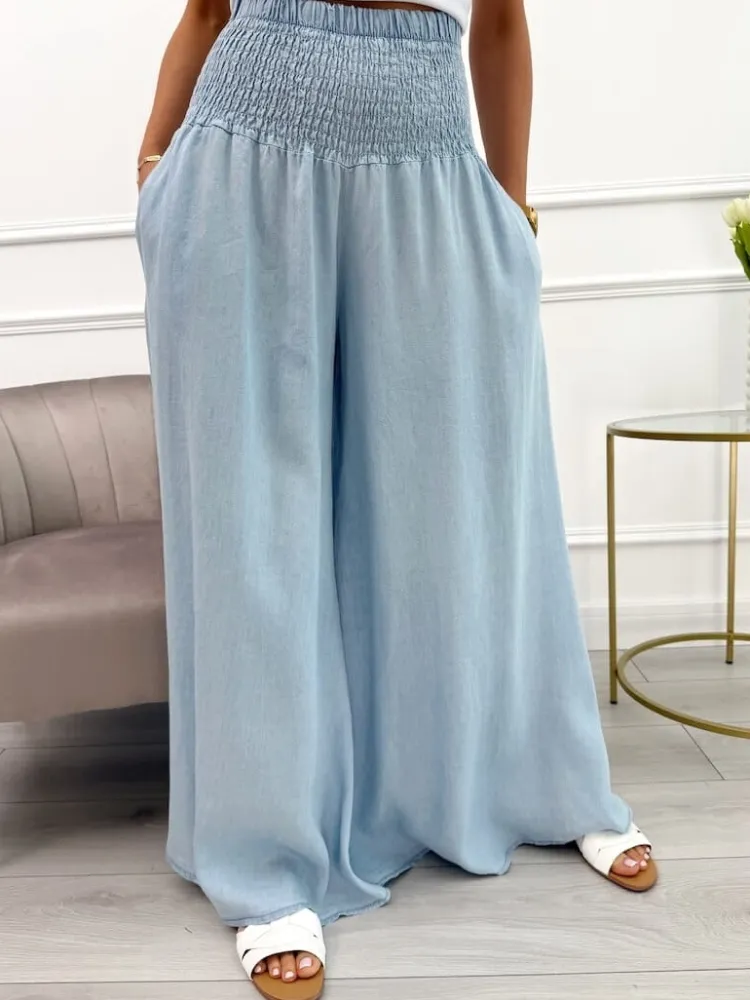 Jasnobłękitne Jeansowe Spodnie z Szeroką Nogawką 12588-69-D|Modna Kiecka Hot