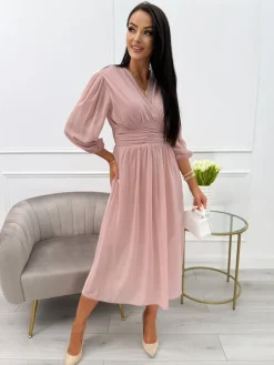 Jasnopudrowa Sukienka 12155-95-F|Modna Kiecka Online