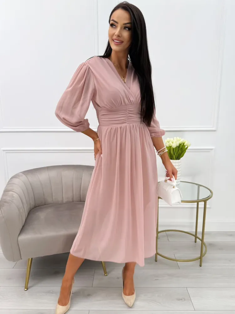 Jasnopudrowa Sukienka 12155-95-F|Modna Kiecka Online