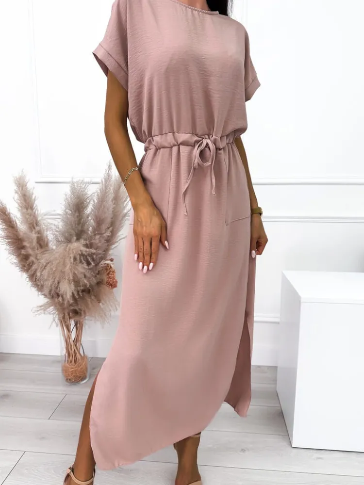 Jasnopudrowa Sukienka z Kieszonkami 10330-227-L|Modna Kiecka Fashion