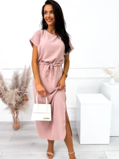Jasnopudrowa Sukienka z Kieszonkami 10330-227-L|Modna Kiecka Fashion