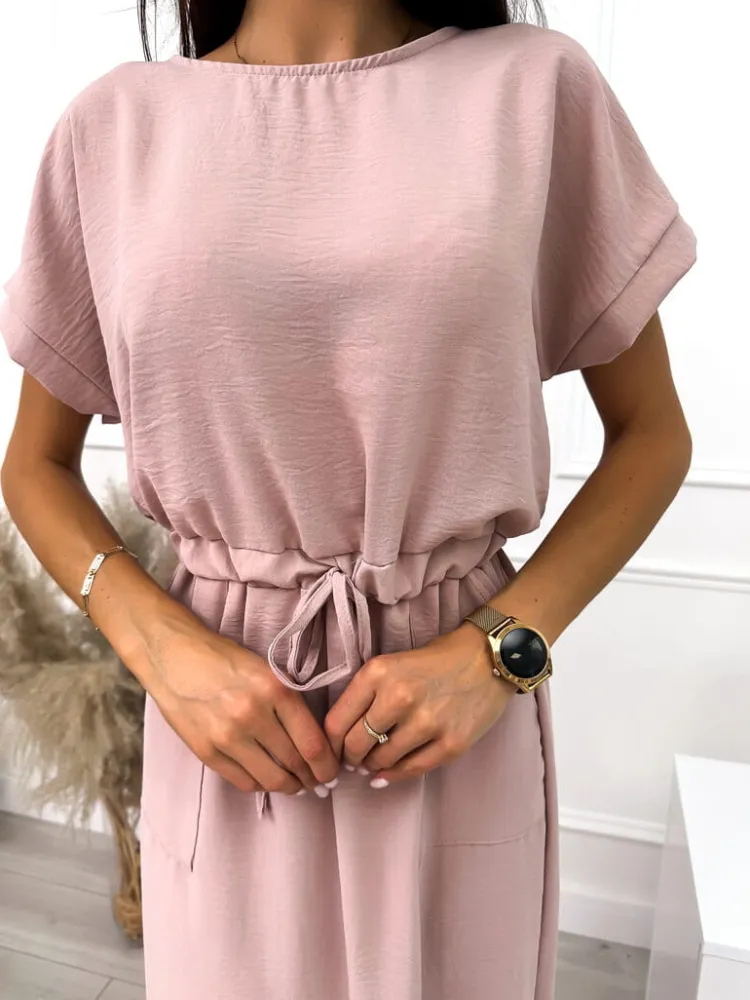 Jasnopudrowa Sukienka z Kieszonkami 10330-227-L|Modna Kiecka Fashion