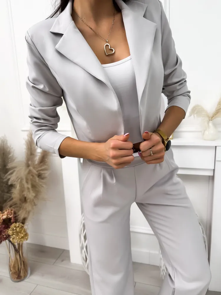 Jasnoszary Komplet Marynarka + Spodnie 11834-305-F|Modna Kiecka Outlet