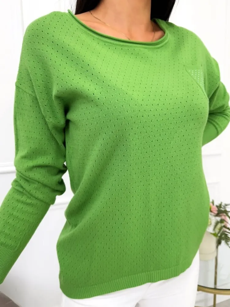 Jasnozielony Sweterek z Ozdobną Kieszonką 9540-521-J|Modna Kiecka Fashion