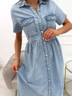 Jeansowa Sukienka Midi z Kieszonkami 13847-400-Q|Modna Kiecka Sale