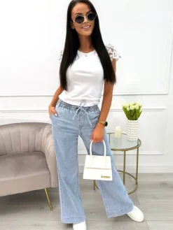 Jeansowe Spodnie z Szeroką Nogawką i Gumką w Pasie 13831-359-Q|Modna Kiecka Hot