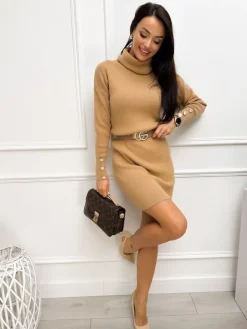 Karmelowa Sweterkowa Sukienka z Golfem 13243-164-F|Modna Kiecka Fashion
