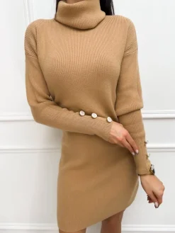 Karmelowa Sweterkowa Sukienka z Golfem 13243-164-F|Modna Kiecka Fashion