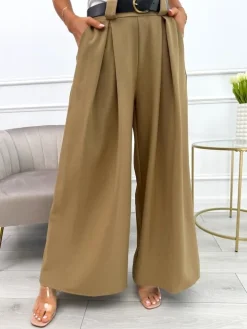 Karmelowe Spodnie z Paskiem 11760-33-G|Modna Kiecka Outlet