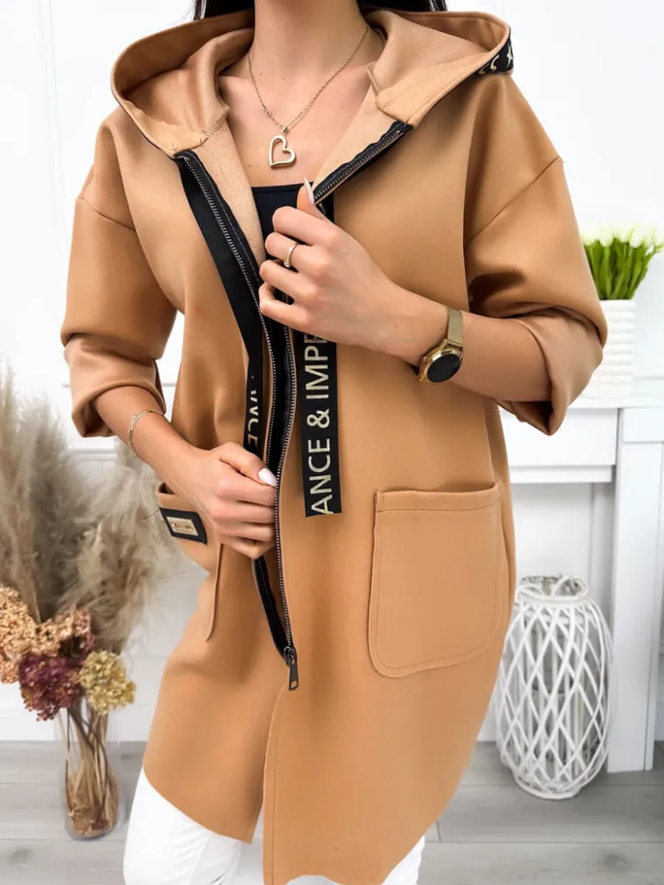 Karmelowy Płaszczyk z Kapturem 10713-121-E|Modna Kiecka Sale