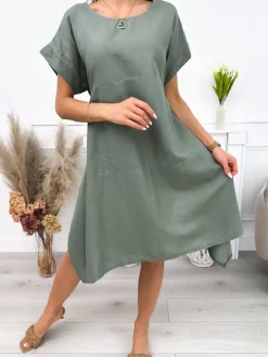Khaki Asymetryczna Sukienka 12189-274-C|Modna Kiecka Fashion